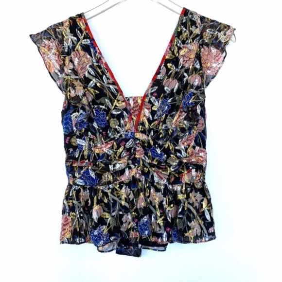 ba&sh Tops - BA&SH Jami Metallic Floral Silk Tie-back T…